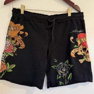 Ed Hardy Black Tattoo-Print Drawstring Shorts with Red and Orange Accents